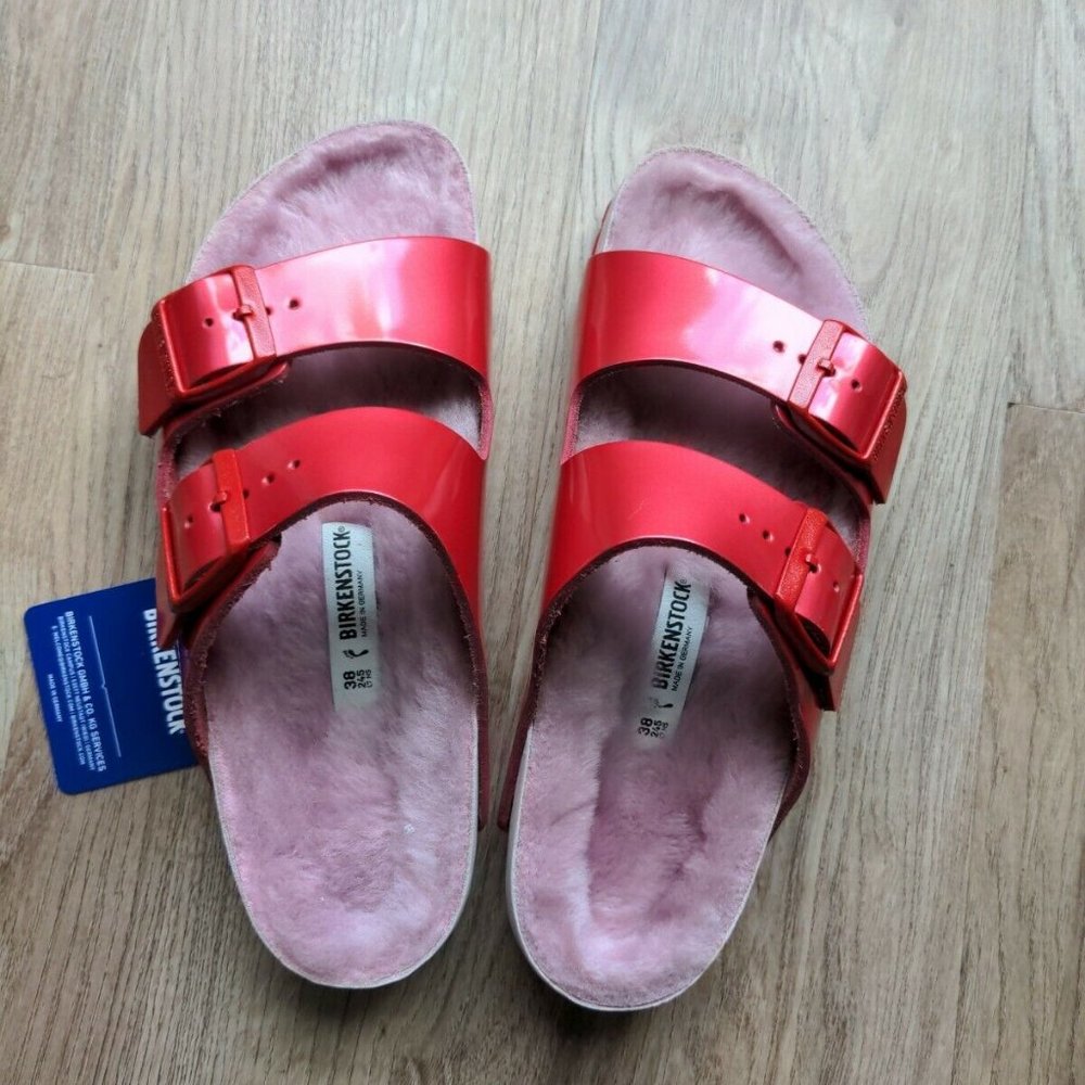 Birkenstock Dark Pink-Red Arizona Sandals with Light Pink Shearling Footbed - Picture 2 of 14